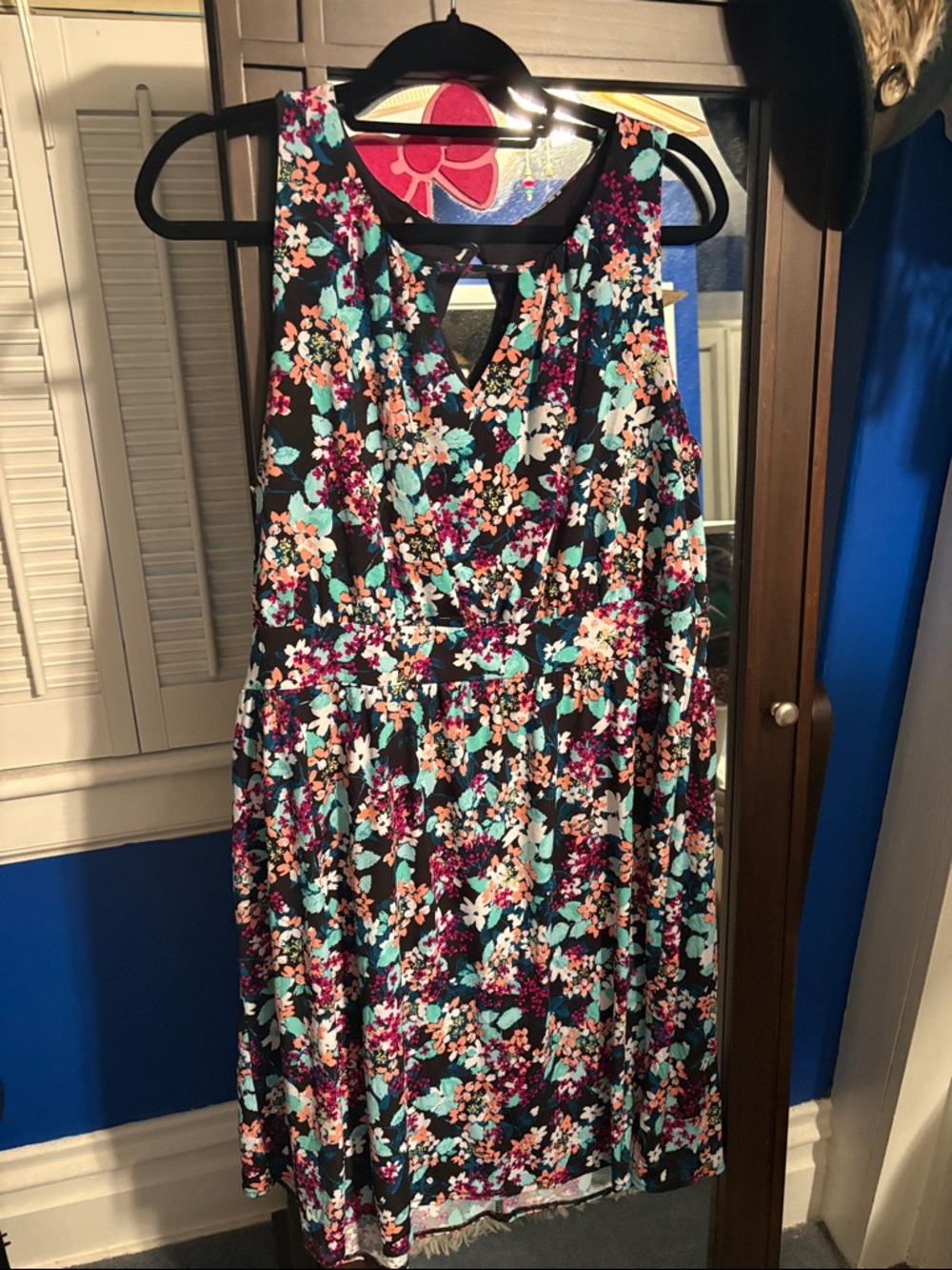 Black Floral Fit-and-Flare Dress with Teal and Pink Accents